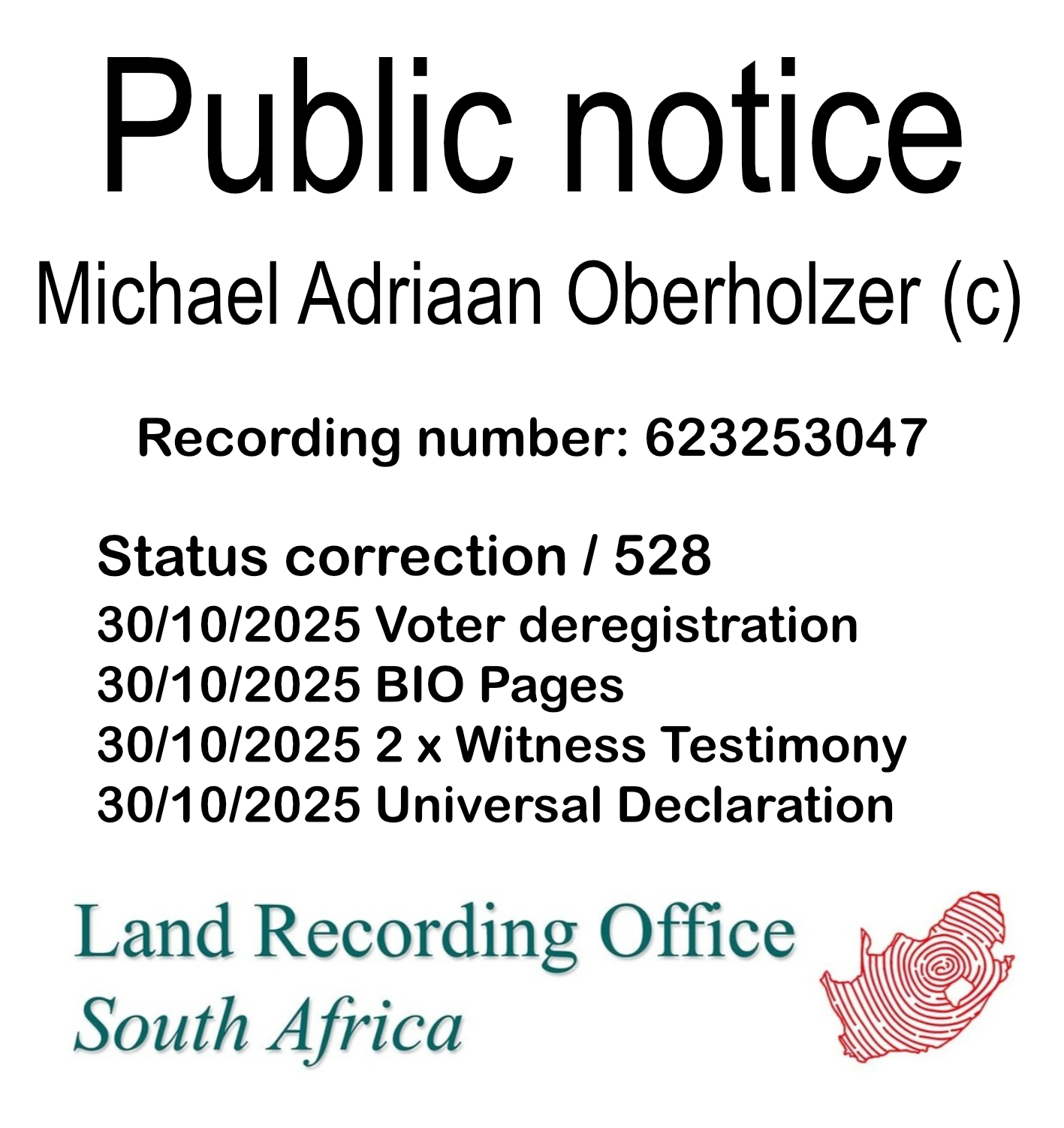 Public notice Michael Adriaan Oberholzer Recording number 623253047